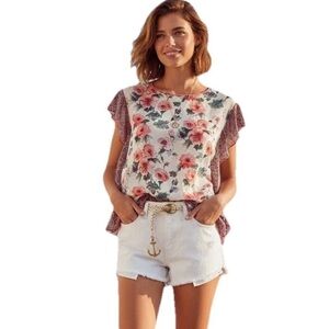 Tolani Collection Floral Silk Blouse Ruffled Caftan Tunic Top Sz XS SLEEVELESS